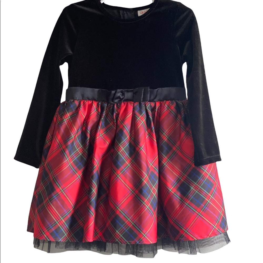 Cat & jack long sleeve velvet and plaid holiday dress size 4T